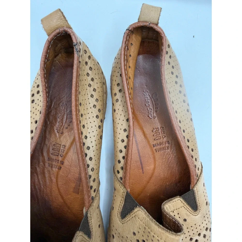 Spring Step Tan Leather Perforated Loafers Womens 41 Slip On Flats Turkey Made